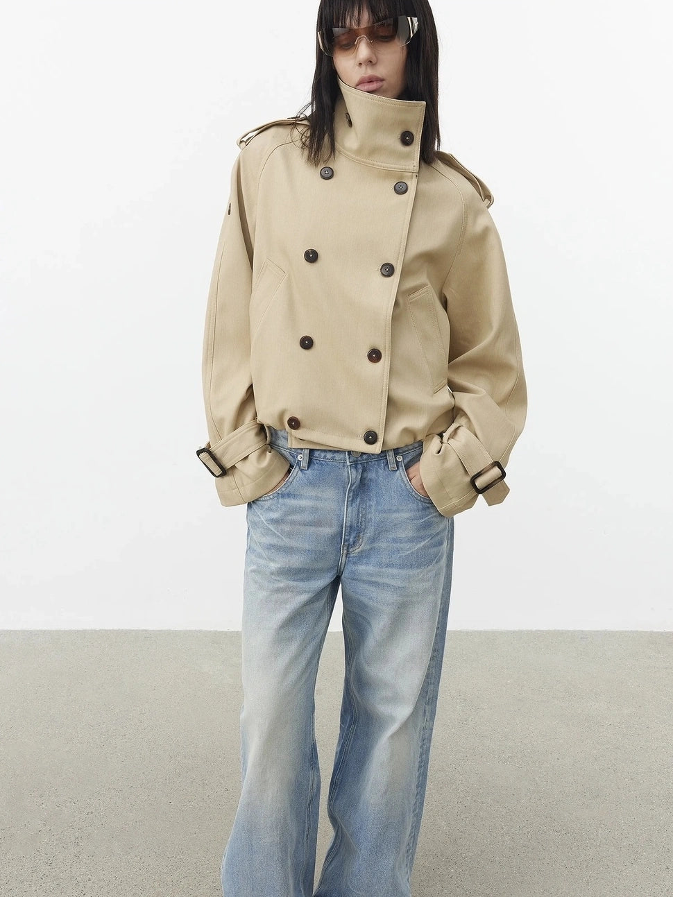 AFTADAWN Contrast Plaid Collar Cropped Trench Coat