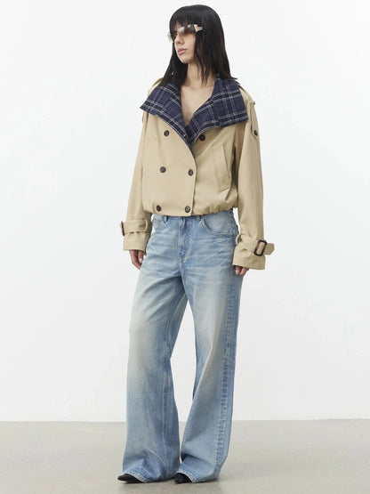 AFTADAWN Contrast Plaid Collar Cropped Trench Coat