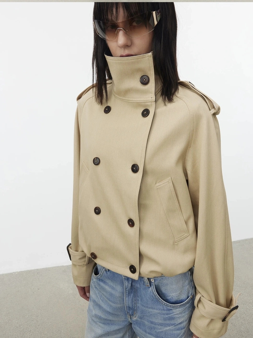 AFTADAWN Contrast Plaid Collar Cropped Trench Coat