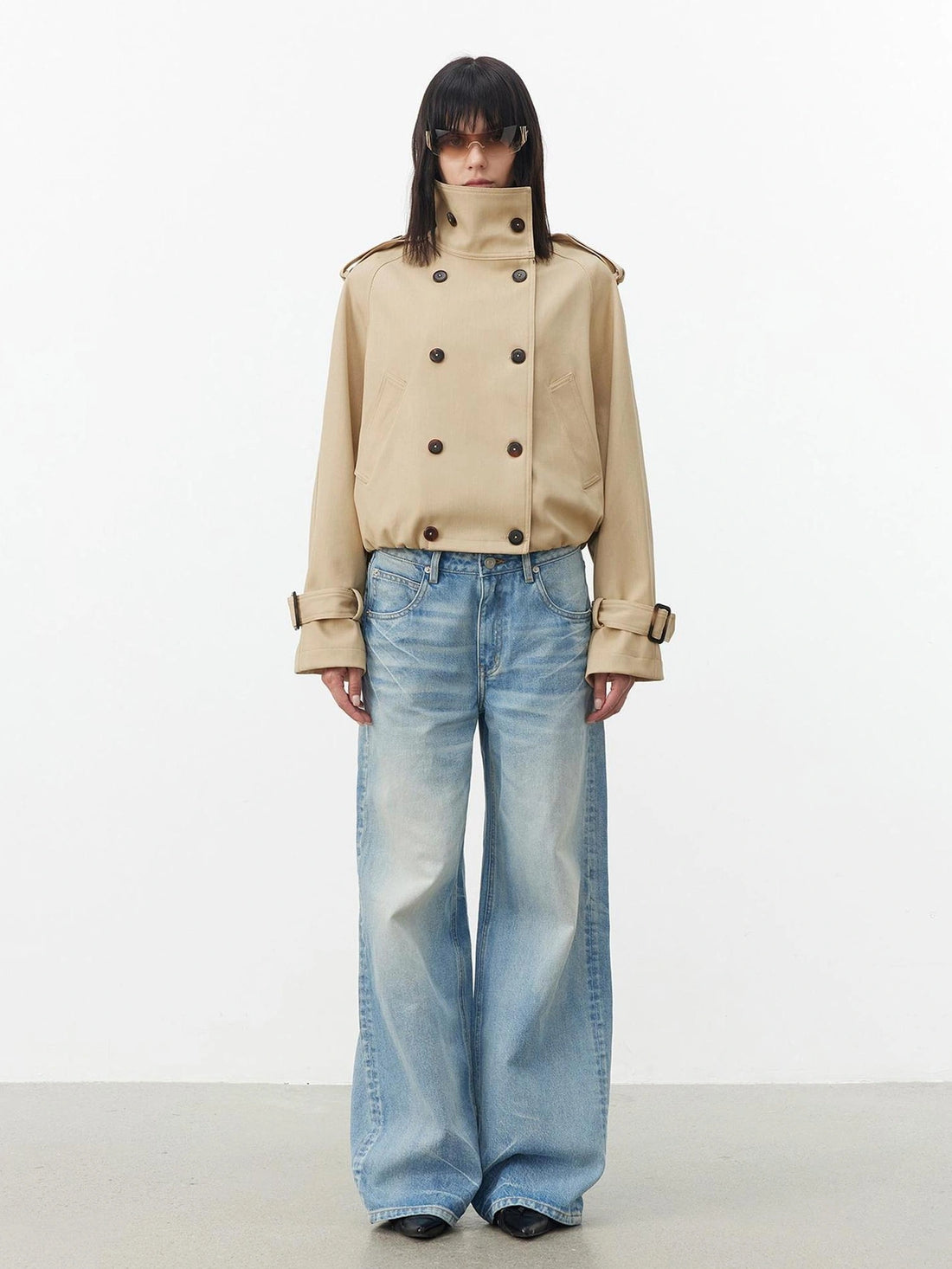 AFTADAWN Contrast Plaid Collar Cropped Trench Coat