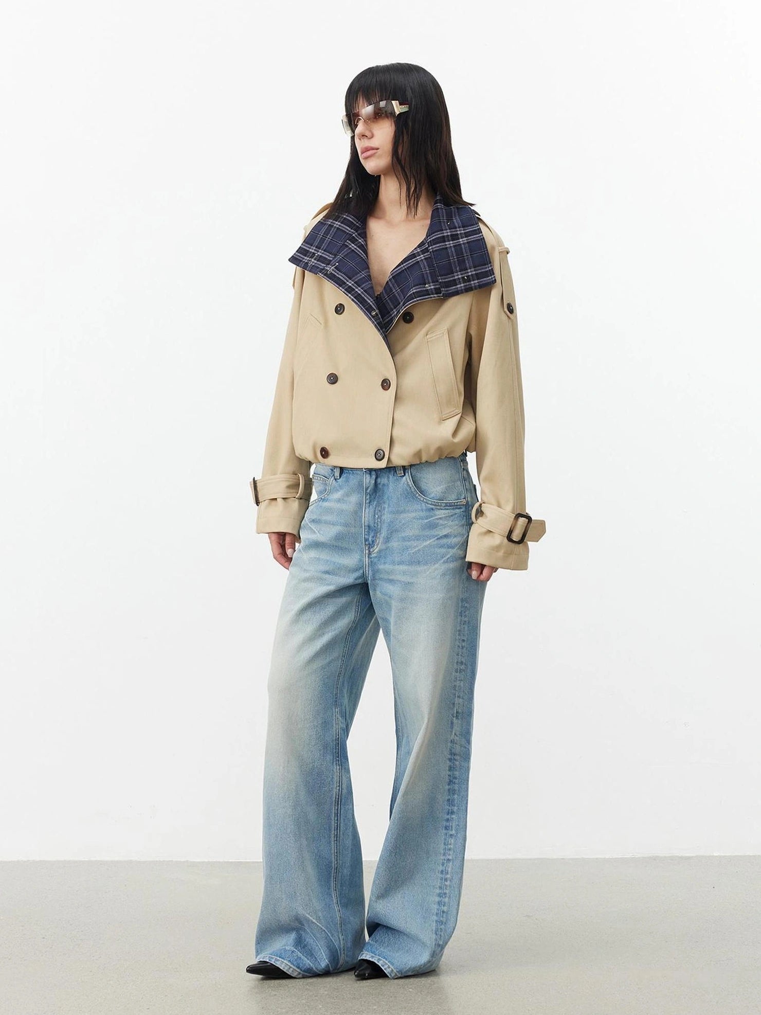 AFTADAWN Contrast Plaid Collar Cropped Trench Coat
