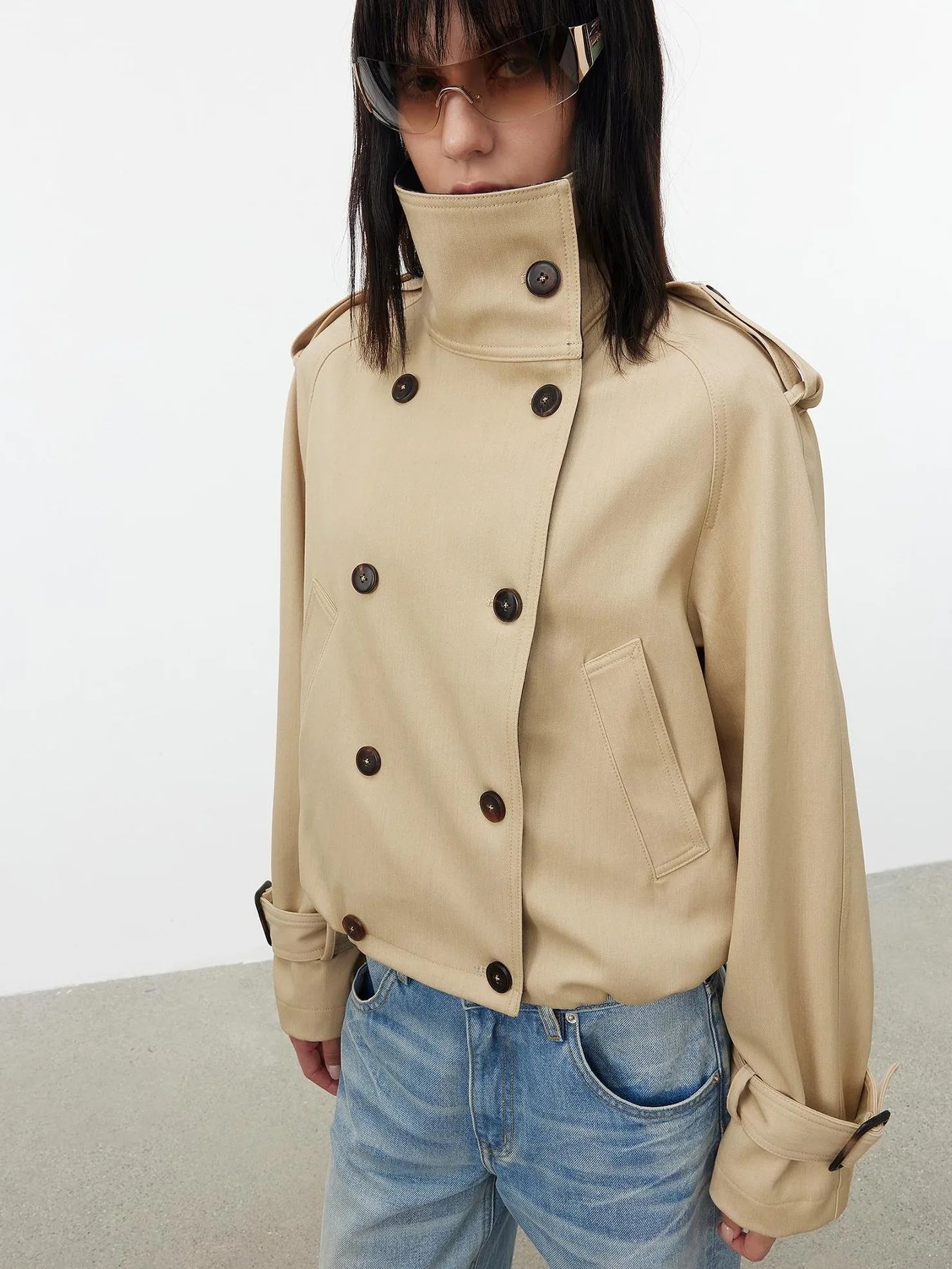 AFTADAWN Contrast Plaid Collar Cropped Trench Coat