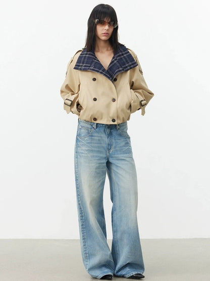 AFTADAWN Contrast Plaid Collar Cropped Trench Coat