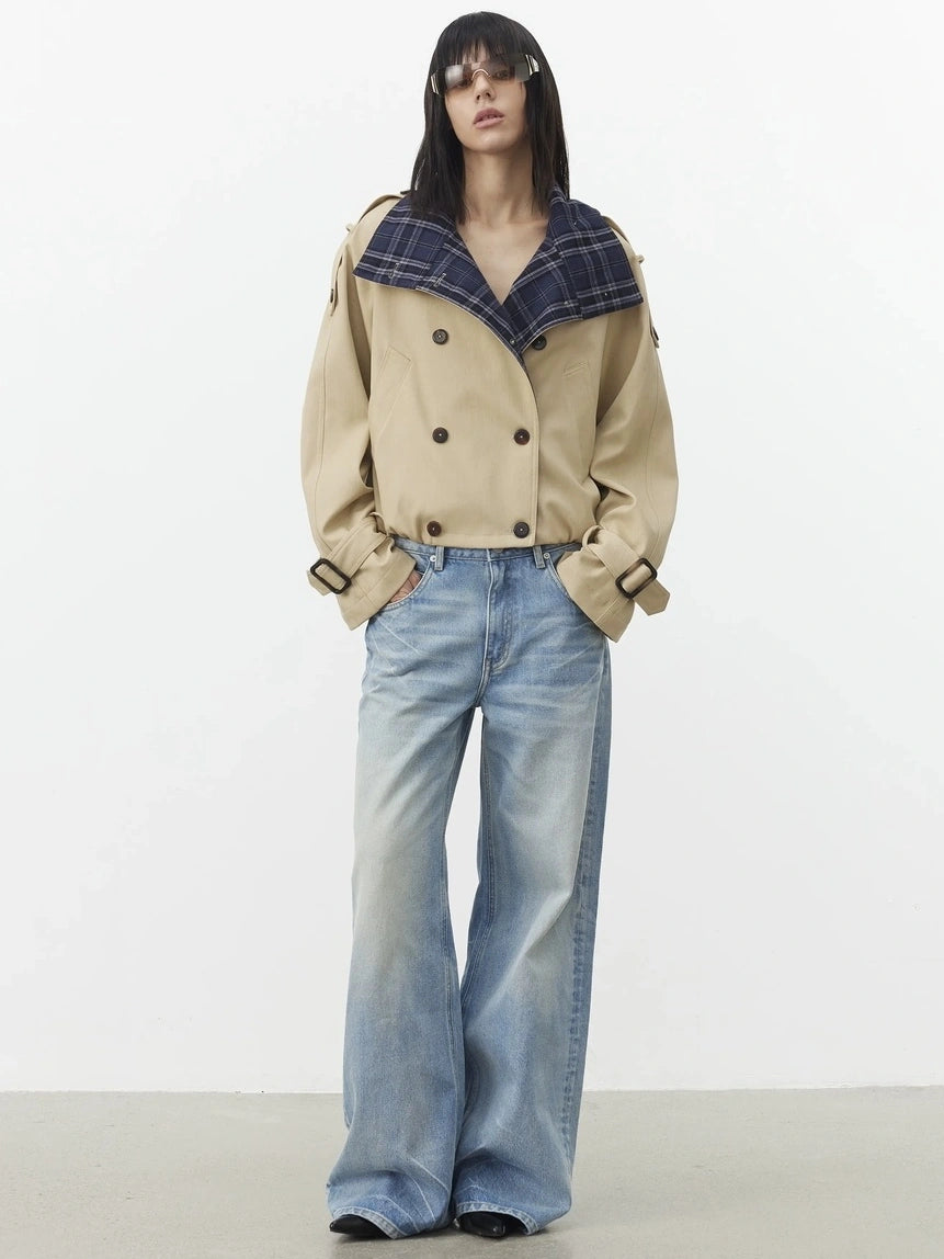 AFTADAWN Contrast Plaid Collar Cropped Trench Coat