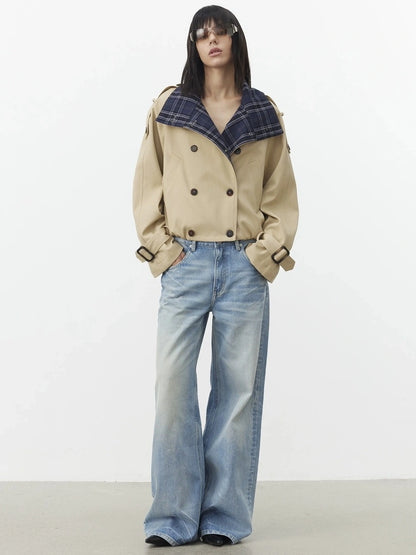 AFTADAWN Contrast Plaid Collar Cropped Trench Coat