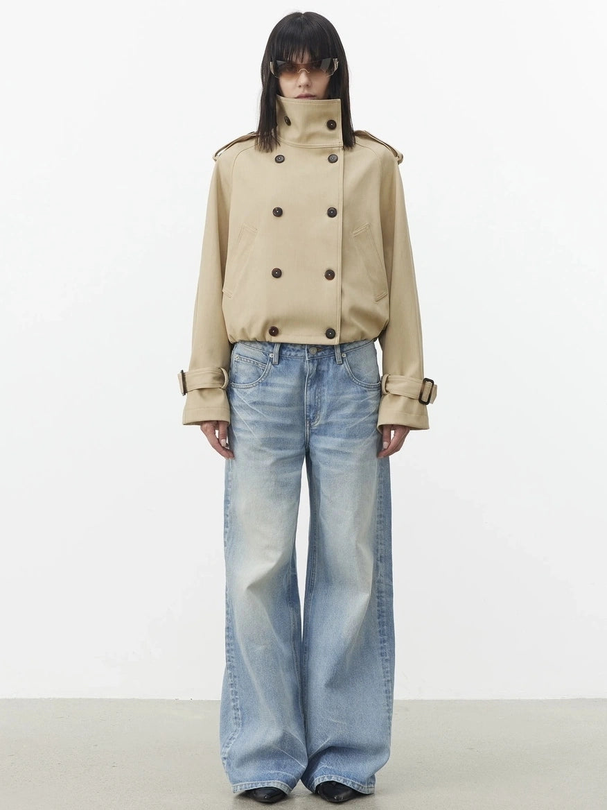 AFTADAWN Contrast Plaid Collar Cropped Trench Coat