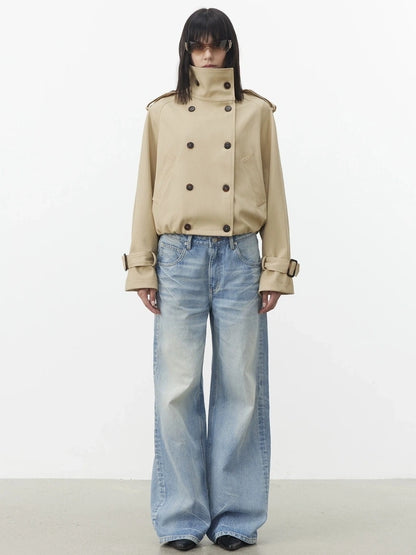 AFTADAWN Contrast Plaid Collar Cropped Trench Coat