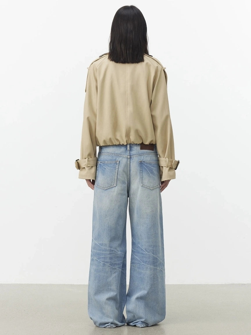 AFTADAWN Contrast Plaid Collar Cropped Trench Coat