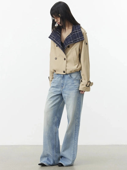 AFTADAWN Contrast Plaid Collar Cropped Trench Coat