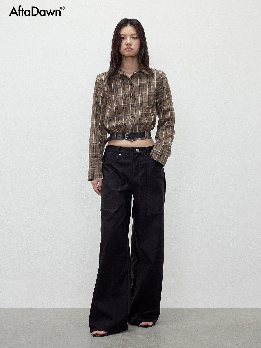 AFTADAWN Contrast Plaid Polo Collar Belted Waist Women&