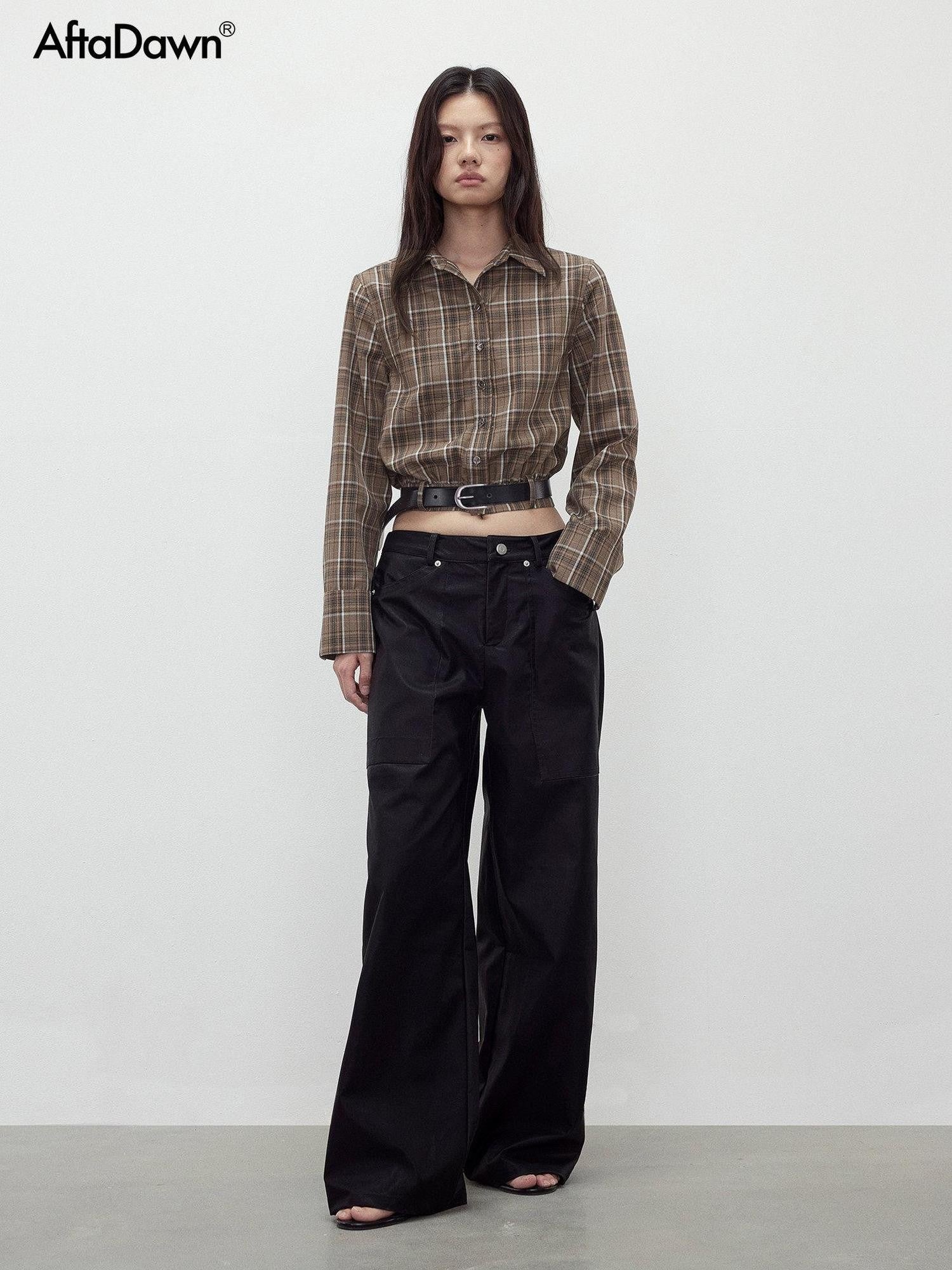 AFTADAWN Contrast Plaid Polo Collar Belted Waist Women&