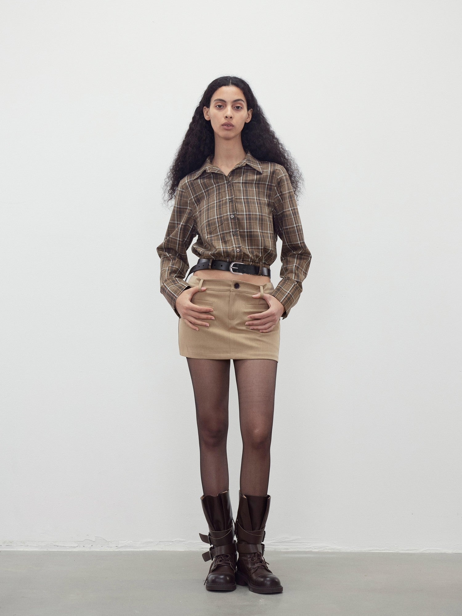 AFTADAWN Contrast Plaid Polo Collar Belted Waist Women&