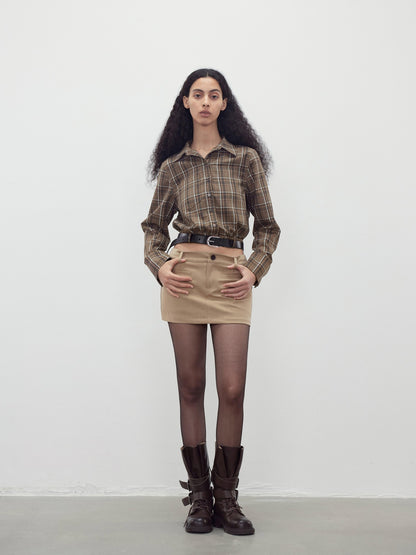 AFTADAWN Contrast Plaid Polo Collar Belted Waist Women&
