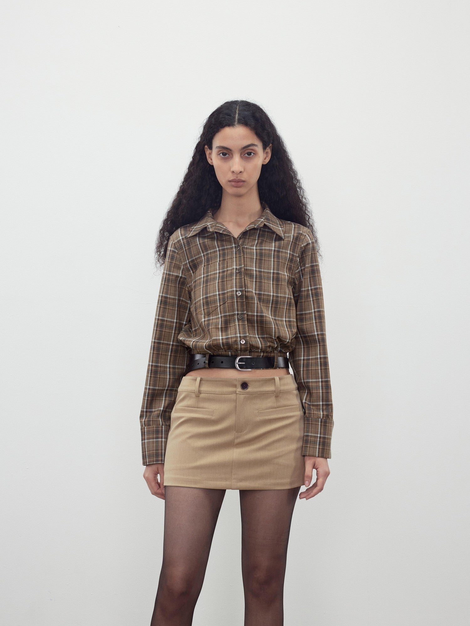 AFTADAWN Contrast Plaid Polo Collar Belted Waist Women&