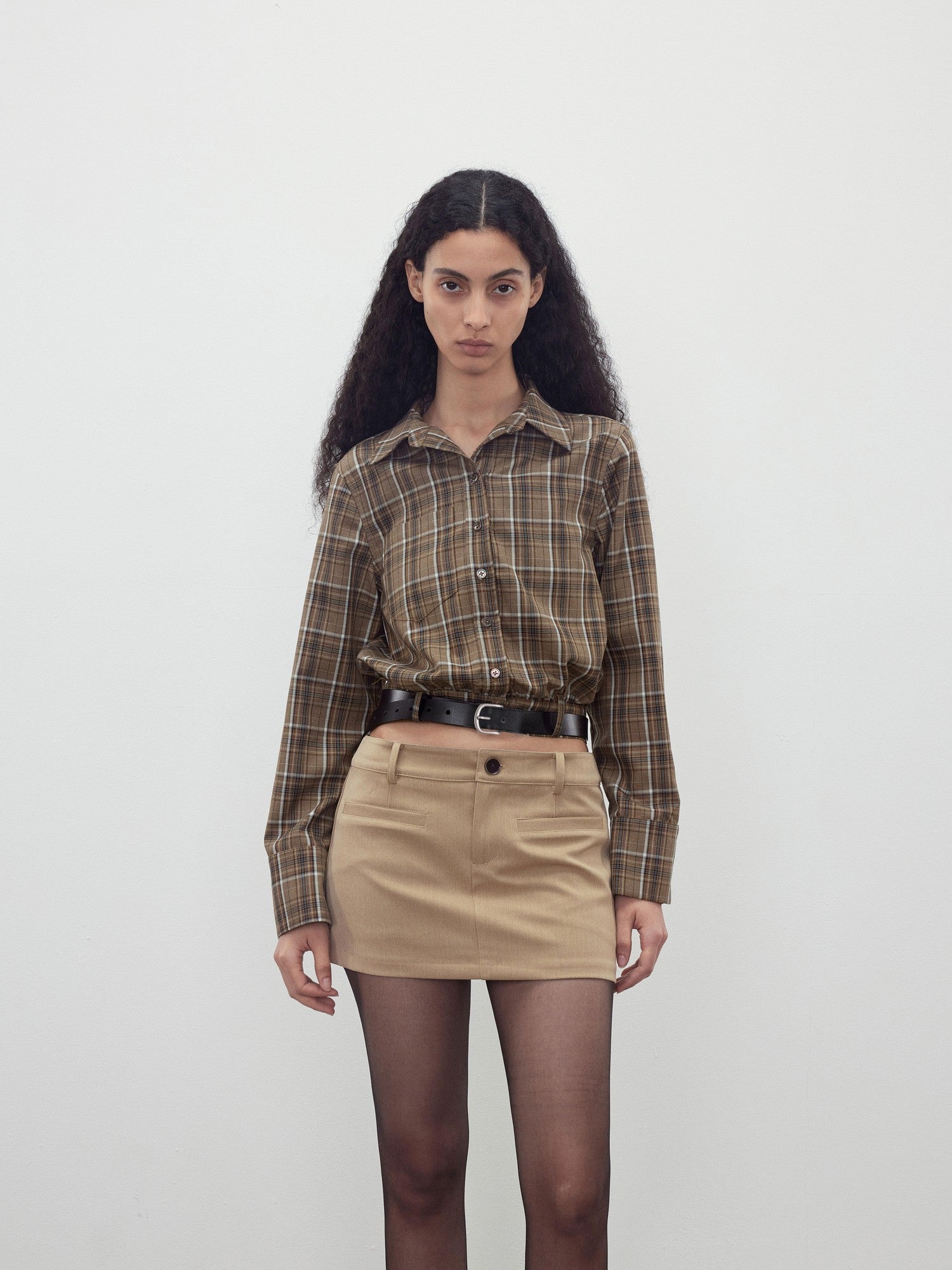 AFTADAWN Contrast Plaid Polo Collar Belted Waist Women&