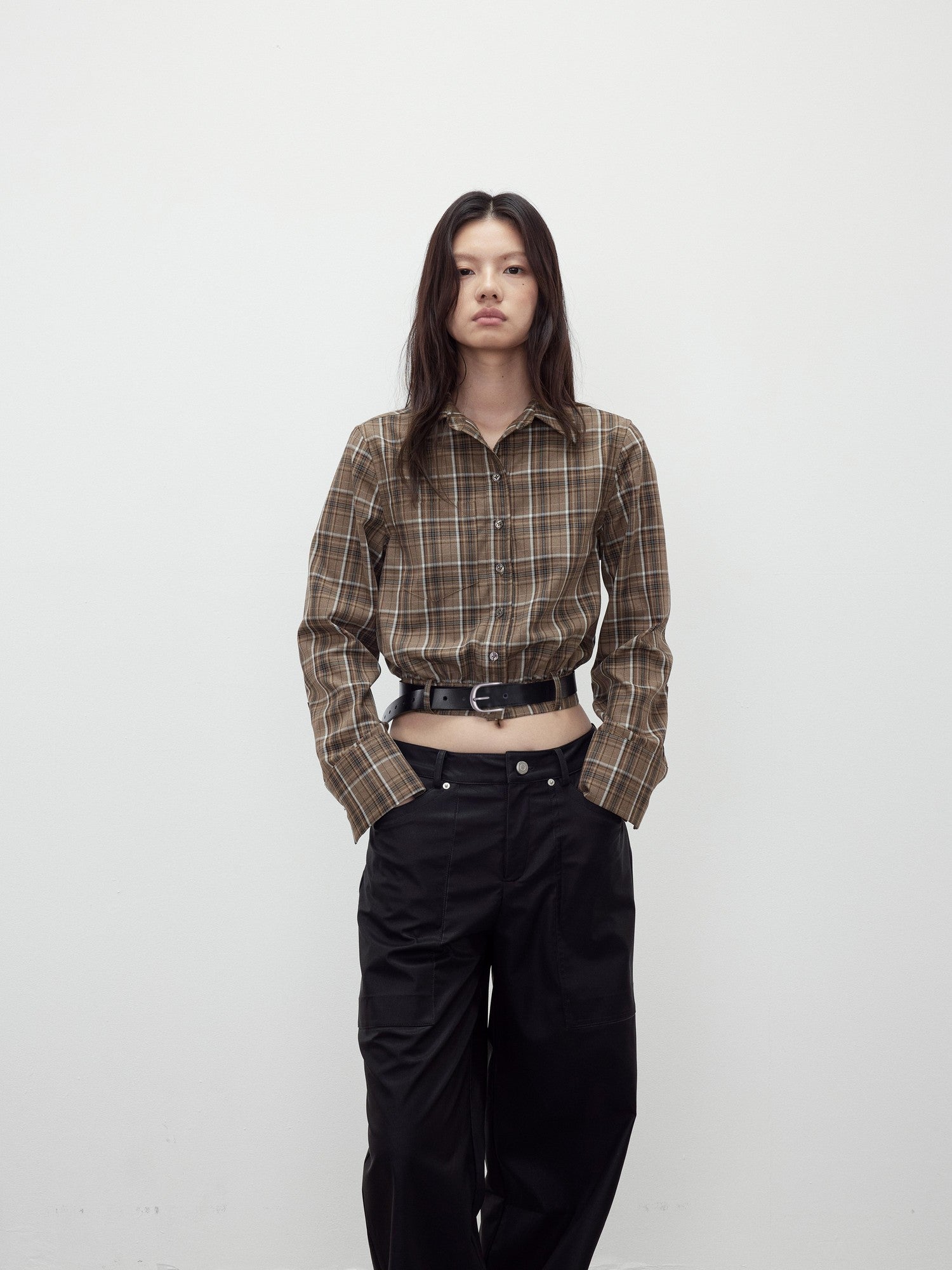 AFTADAWN Contrast Plaid Polo Collar Belted Waist Women&