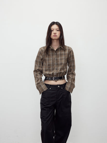 AFTADAWN Contrast Plaid Polo Collar Belted Waist Women&