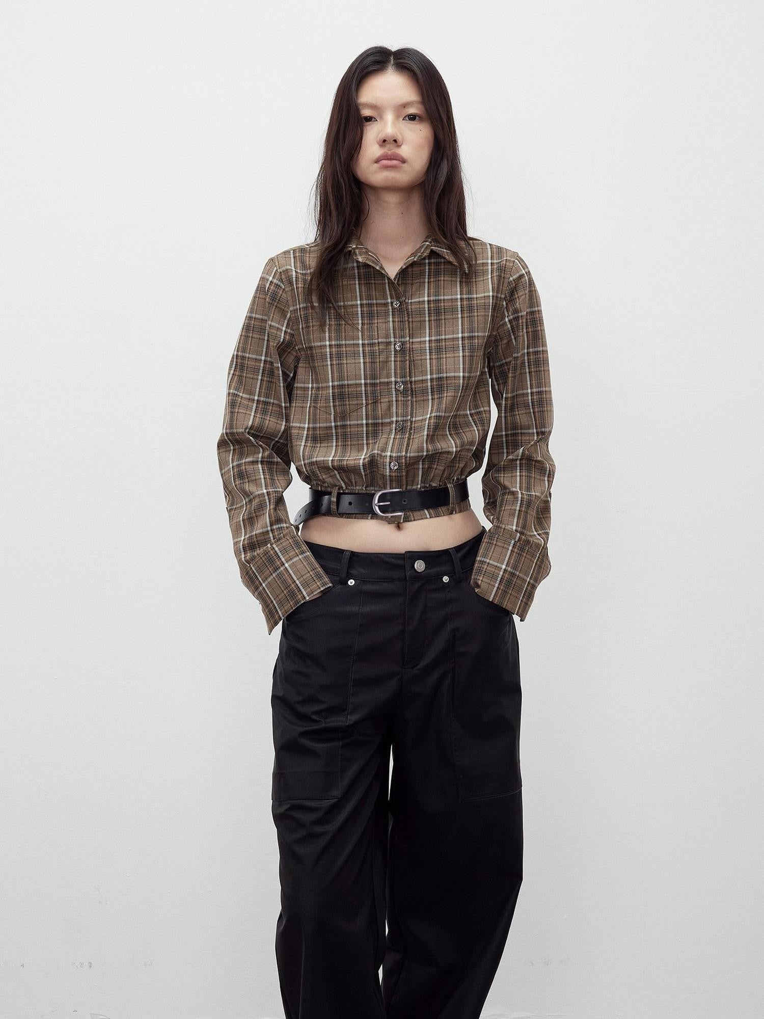 AFTADAWN Contrast Plaid Polo Collar Belted Waist Women&
