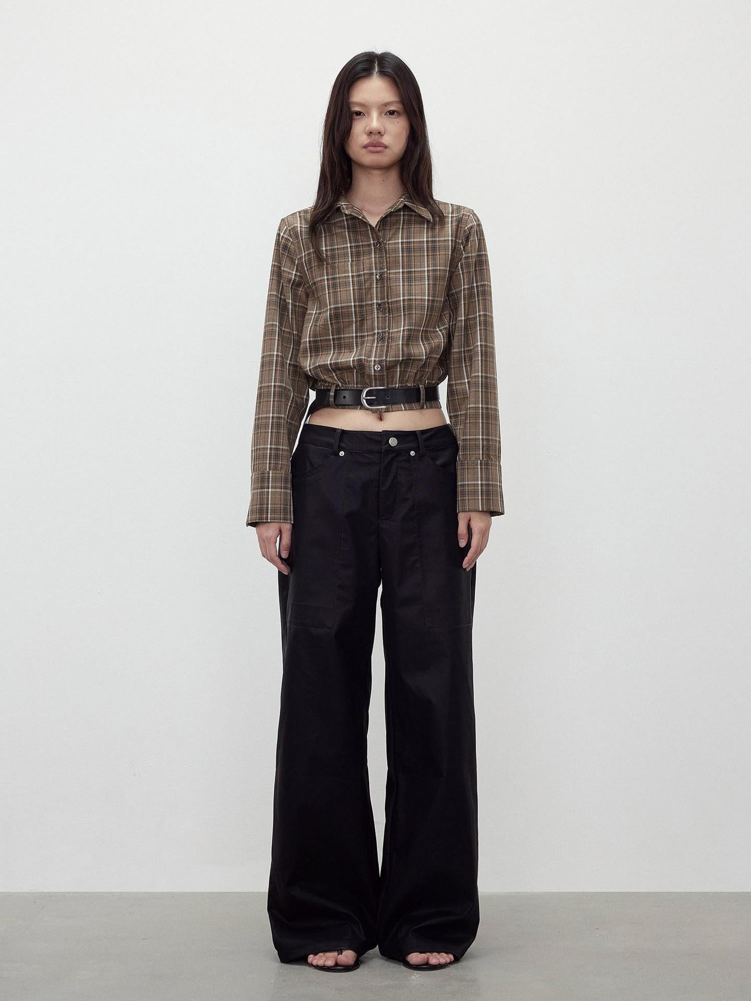 AFTADAWN Contrast Plaid Polo Collar Belted Waist Women&