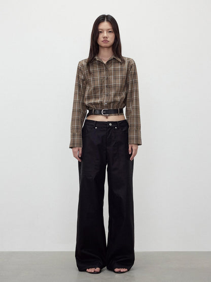 AFTADAWN Contrast Plaid Polo Collar Belted Waist Women&