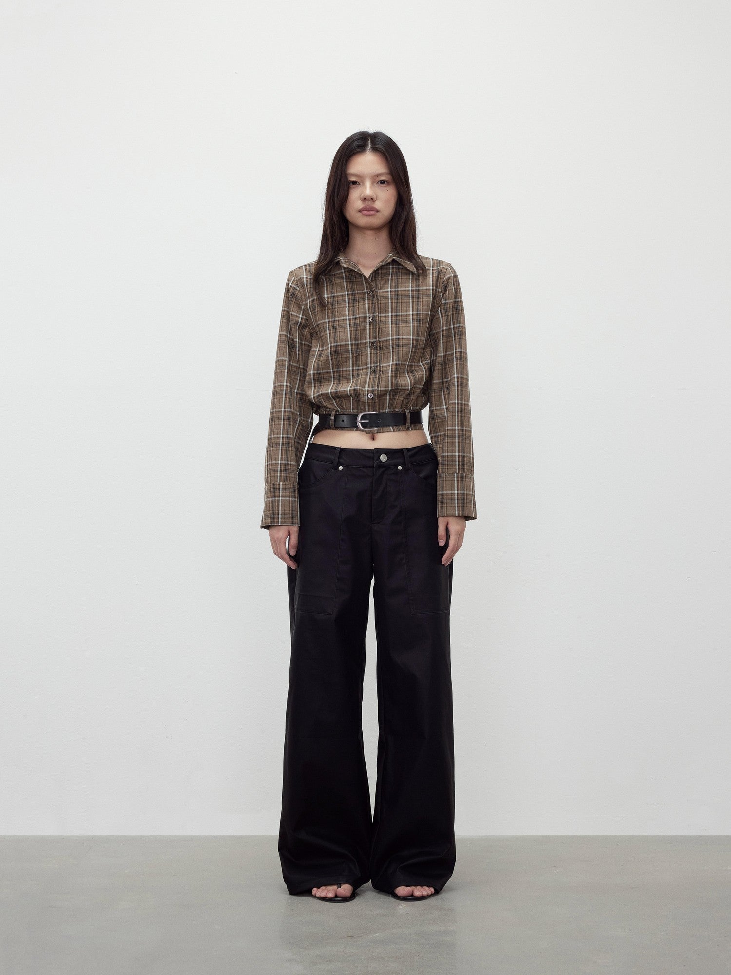 AFTADAWN Contrast Plaid Polo Collar Belted Waist Women&