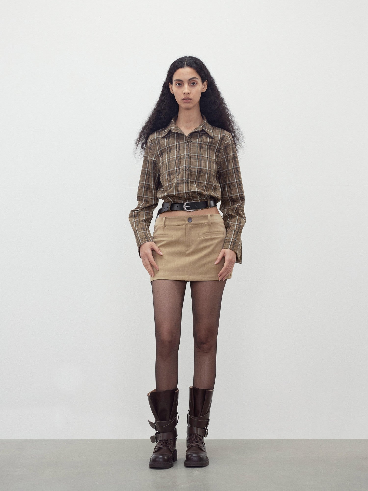 AFTADAWN Contrast Plaid Polo Collar Belted Waist Women&