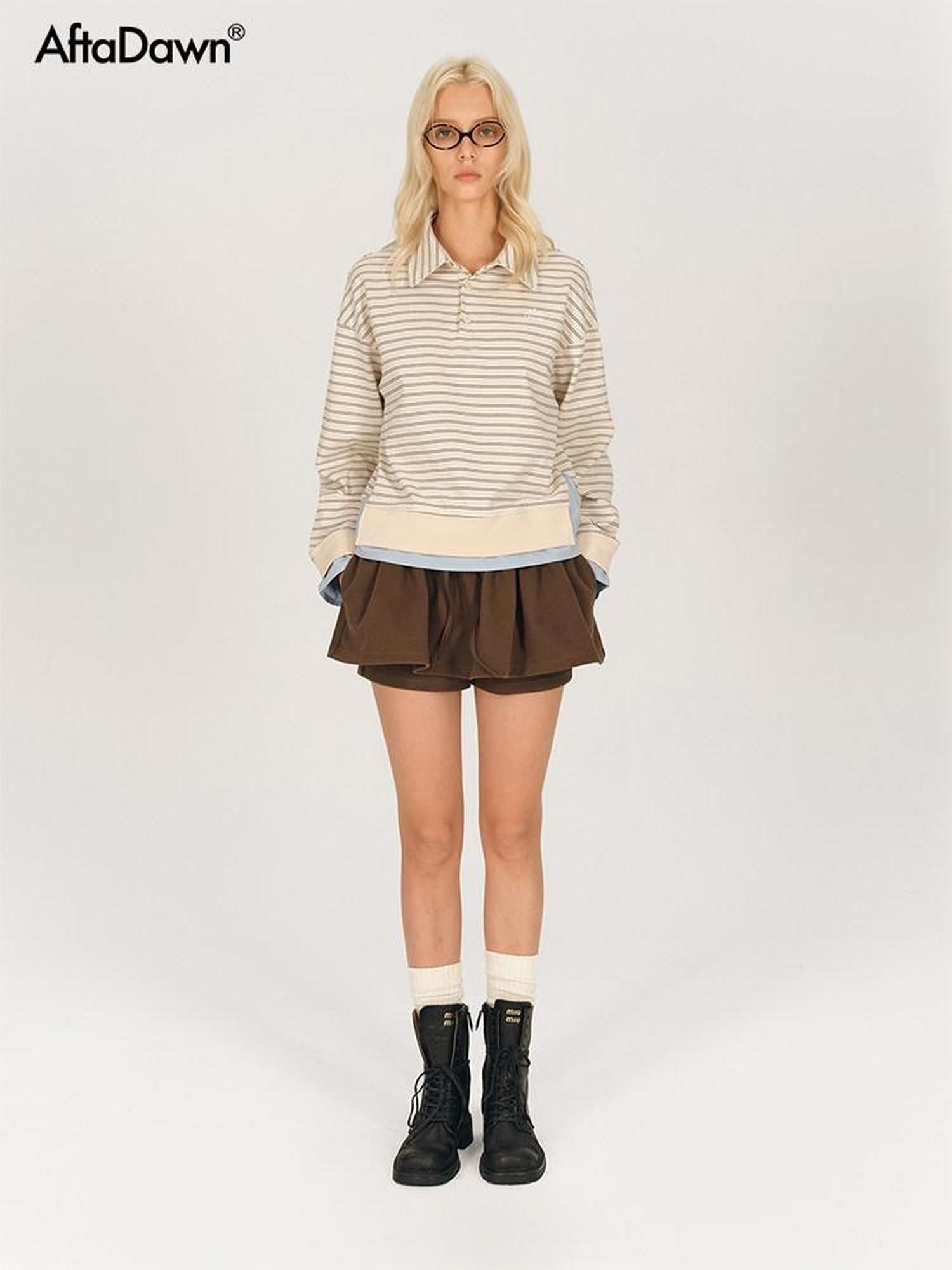 AFTADAWN Contrast Stripe Button Henley Layered Women&