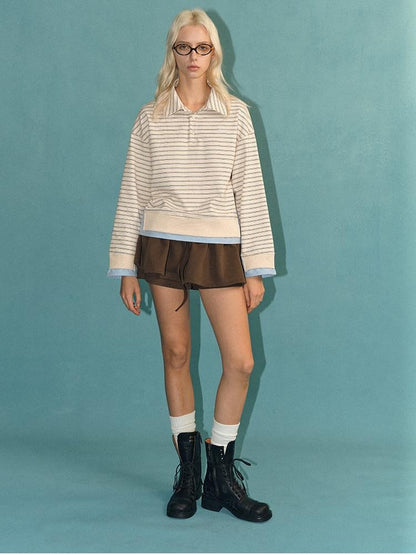 AFTADAWN Contrast Stripe Button Henley Layered Women&