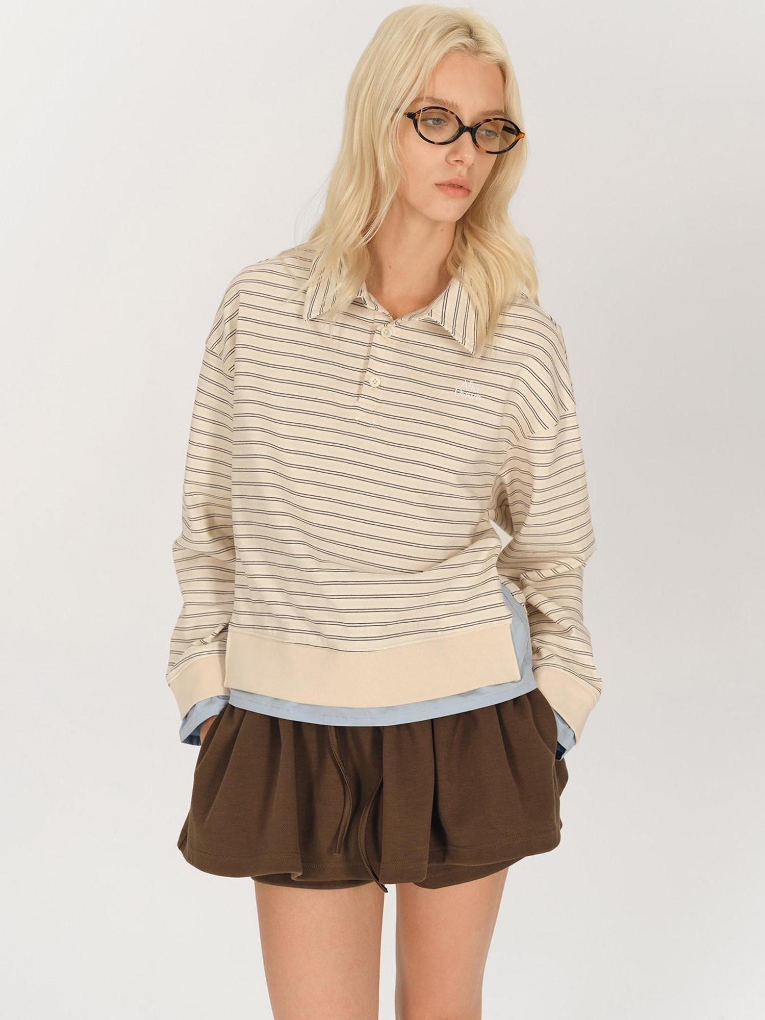 AFTADAWN Contrast Stripe Button Henley Layered Women&