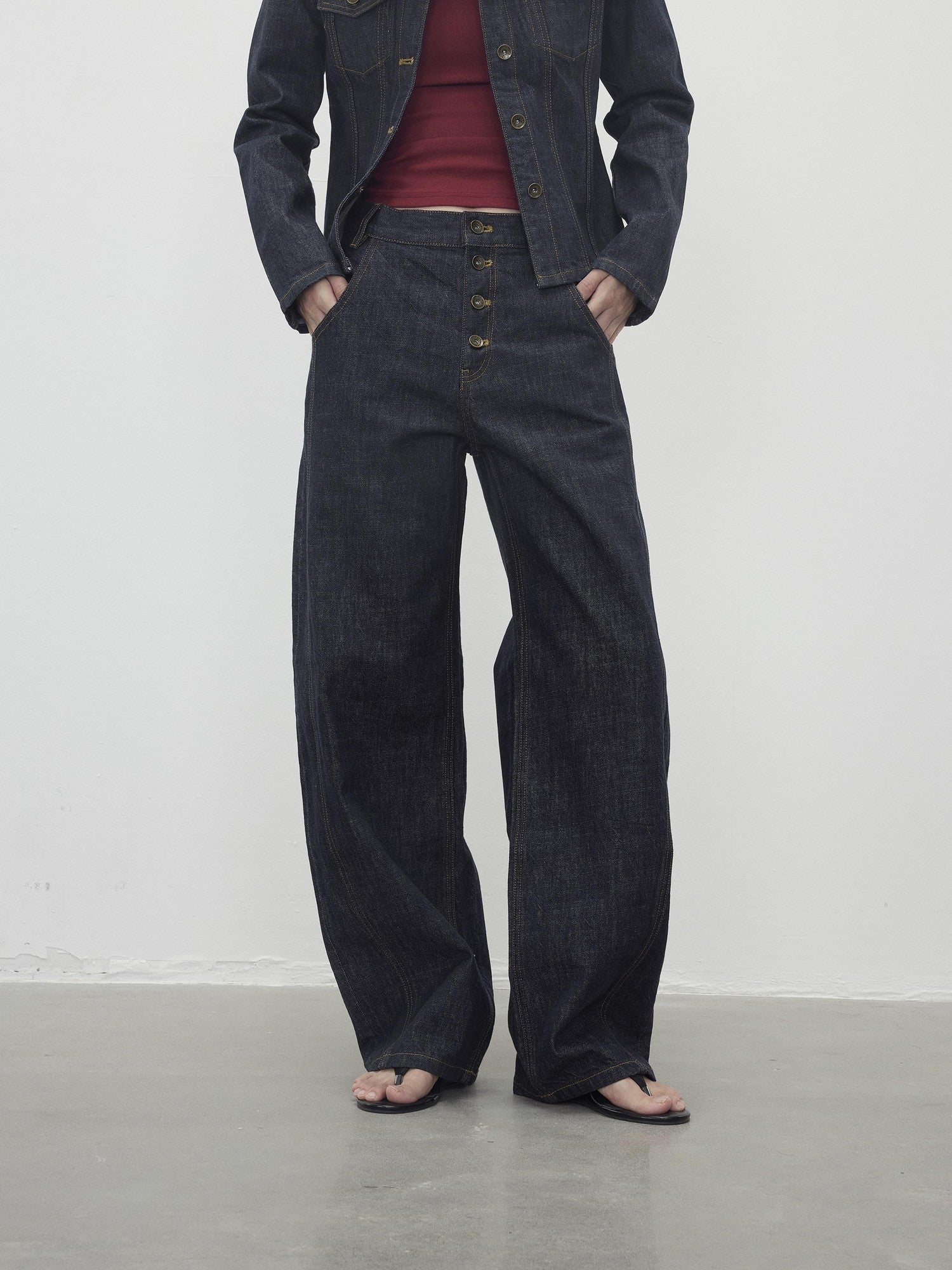 AFTADAWN Contrast Topstitch Button Fly Curved Women&