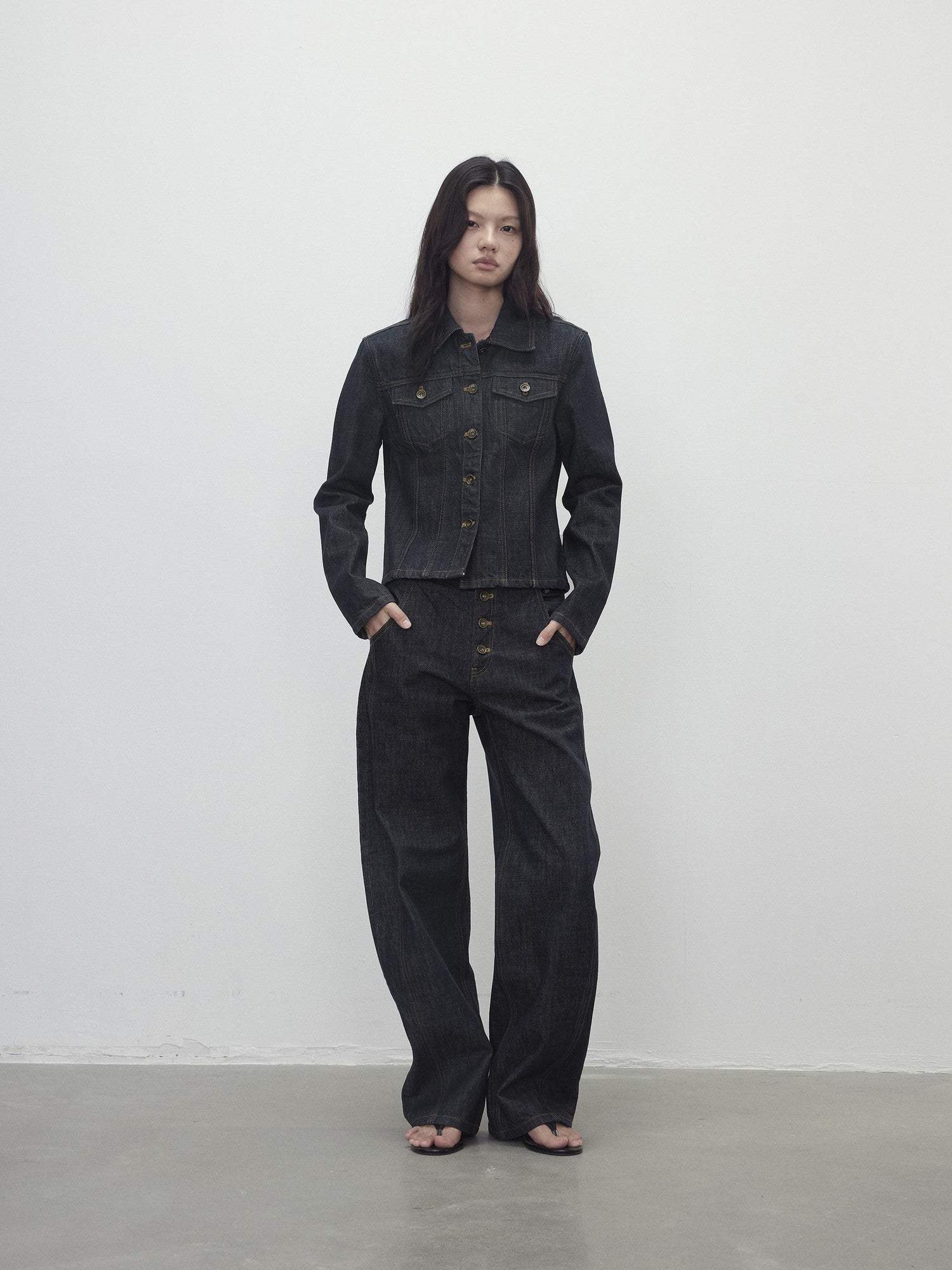 AFTADAWN Contrast Topstitch Button Fly Curved Women&
