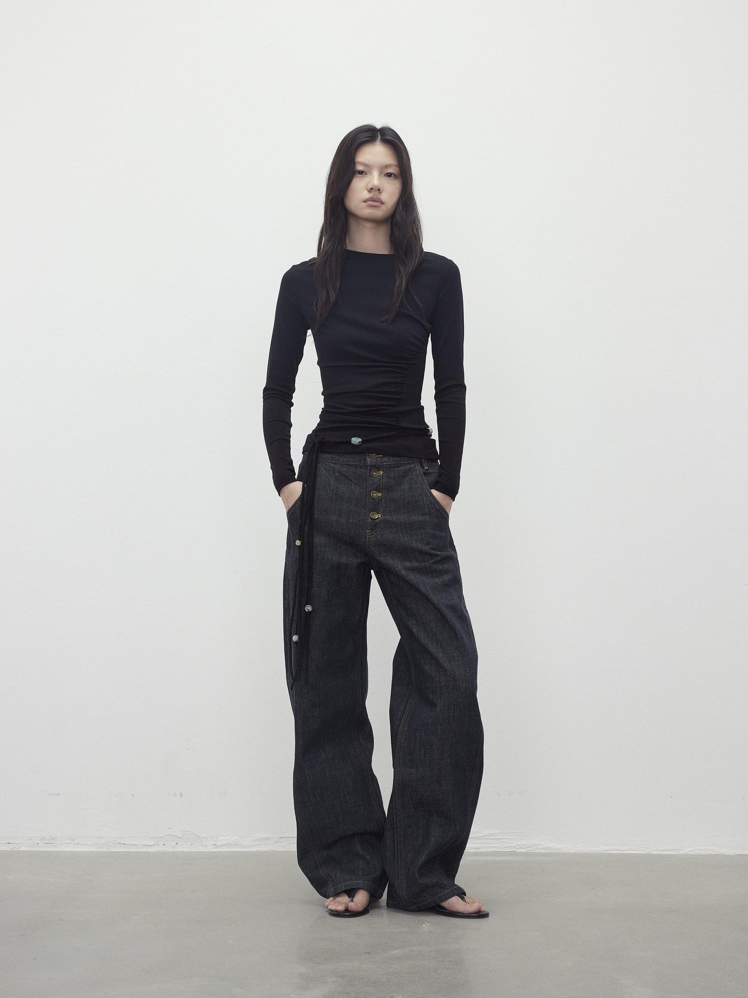 AFTADAWN Contrast Topstitch Button Fly Curved Women&