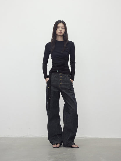 AFTADAWN Contrast Topstitch Button Fly Curved Women&