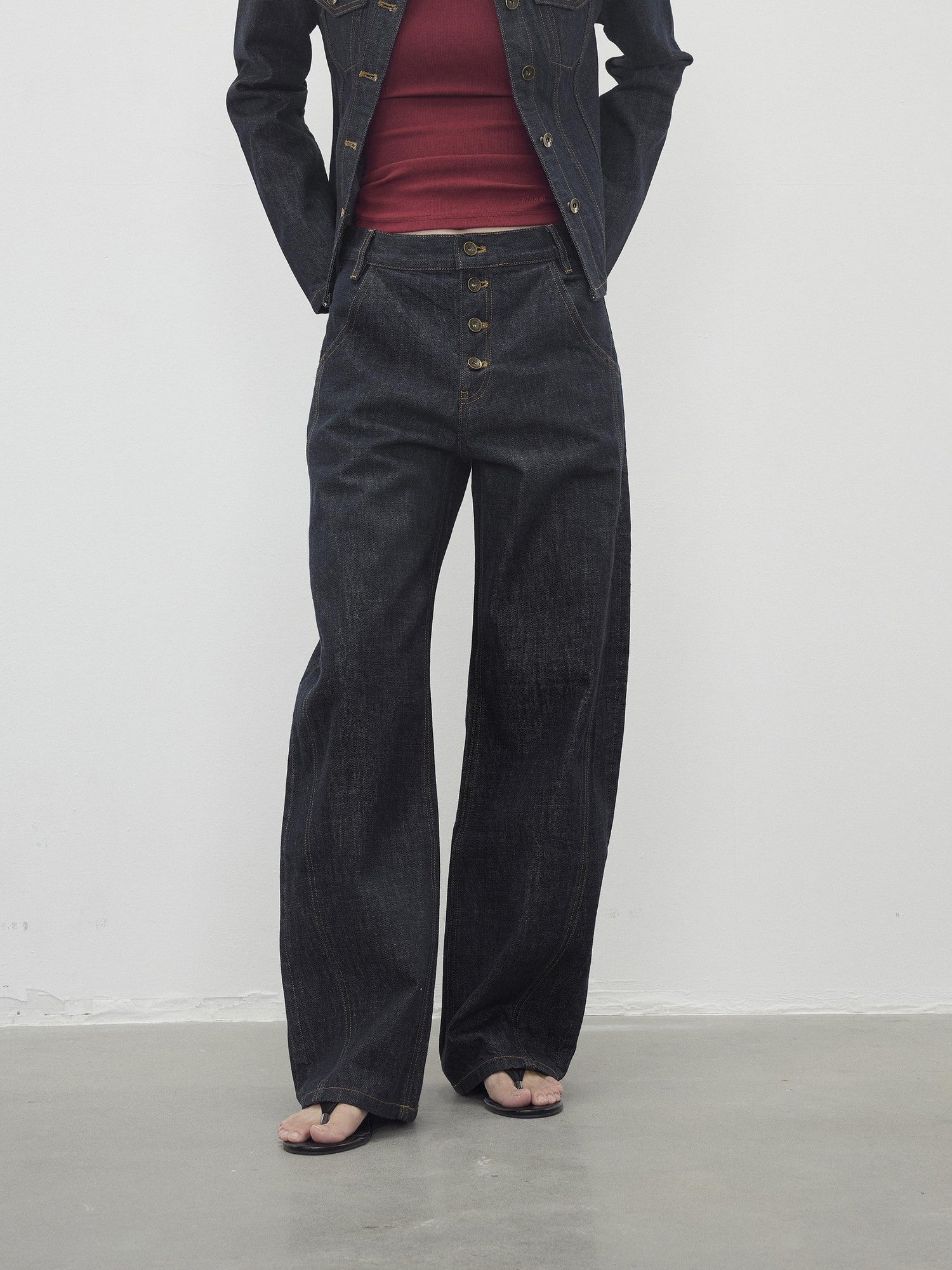 AFTADAWN Contrast Topstitch Button Fly Curved Women&