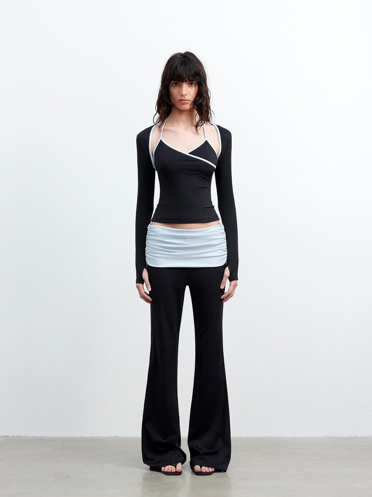 AFTADAWN Contrast Trim V-neck Breathable Stretch Micro Flare Women&