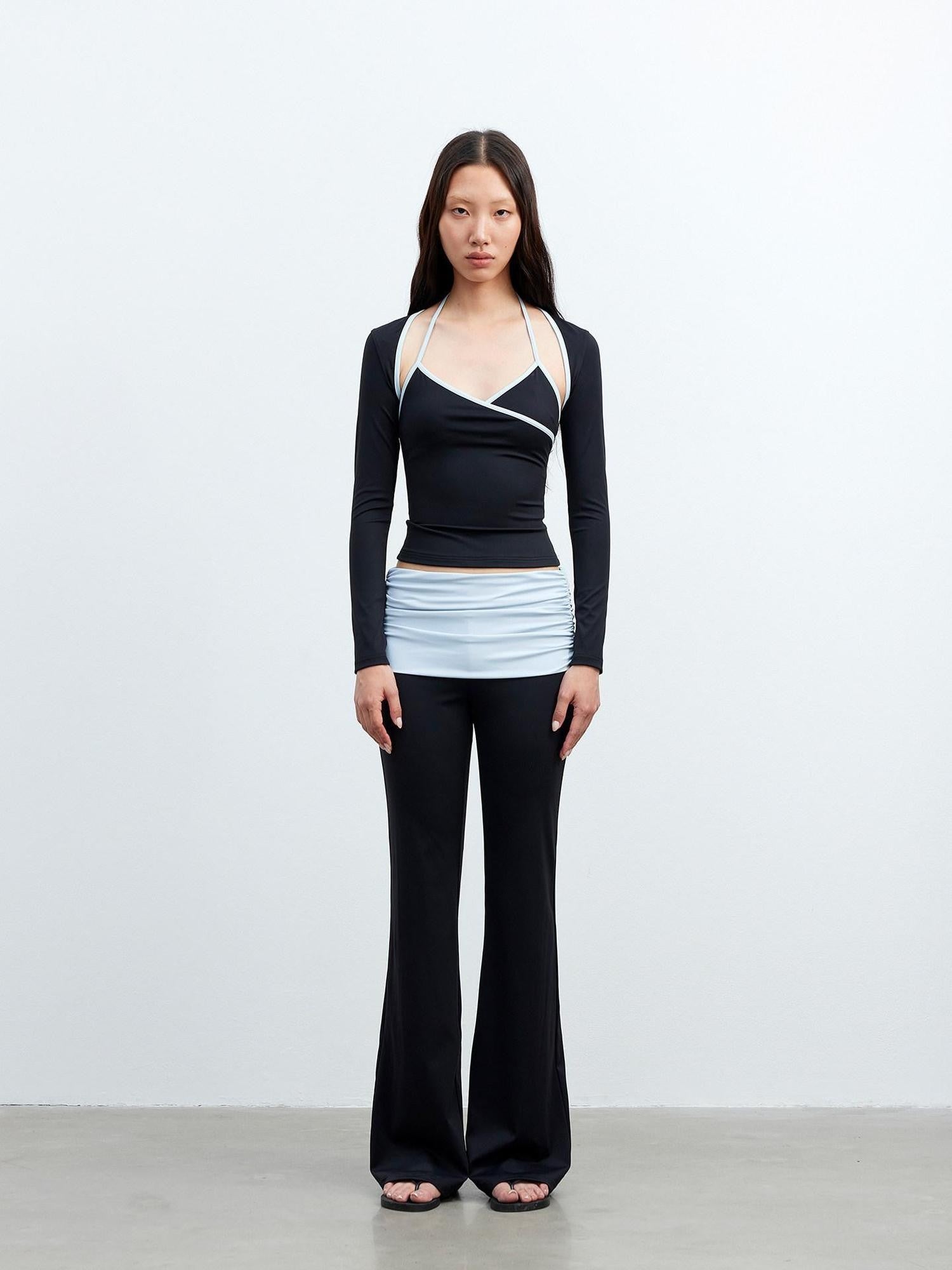 AFTADAWN Contrast Trim V-neck Breathable Stretch Micro Flare Women&