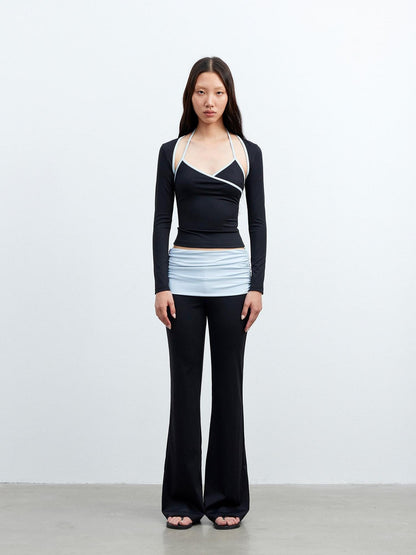 AFTADAWN Contrast Trim V-neck Breathable Stretch Micro Flare Women&