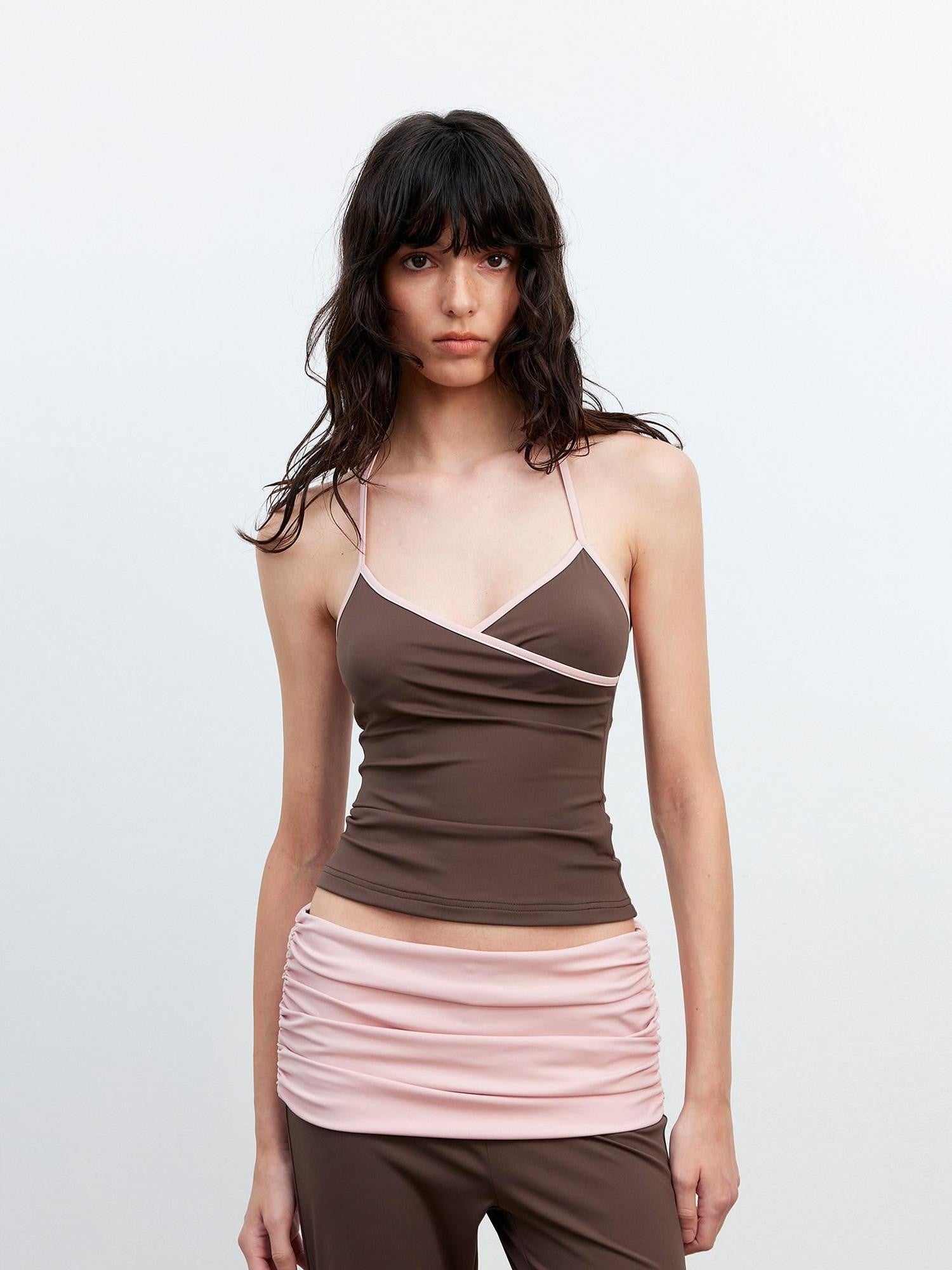 AFTADAWN Contrast Trim V-neck Breathable Stretch Micro Flare Women&