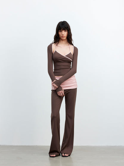 AFTADAWN Contrast Trim V-neck Breathable Stretch Micro Flare Women&