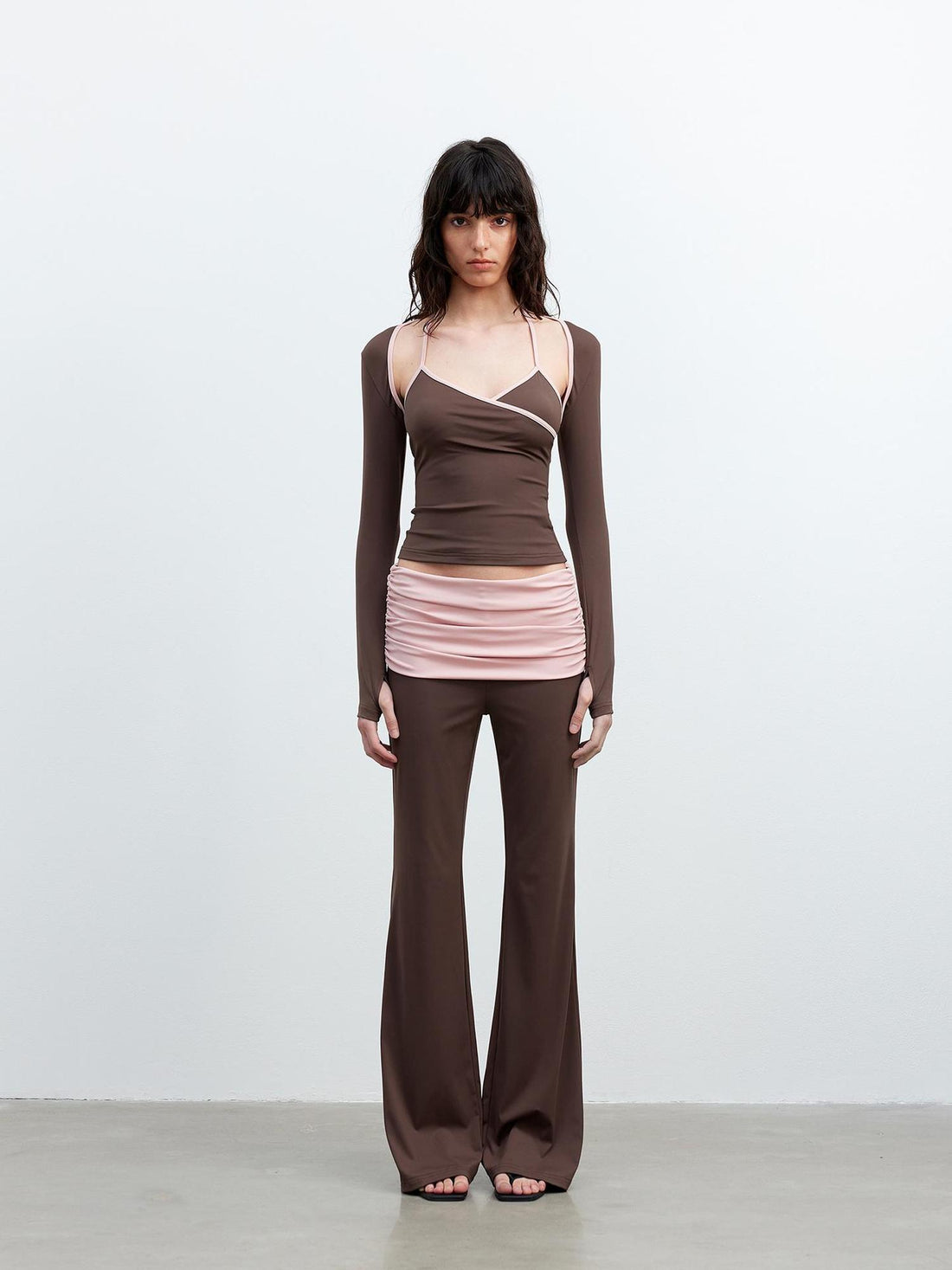 AFTADAWN Cool Feel V-neck Long Sleeve Mesh Top With Contrast Trim And Flared Trousers Set