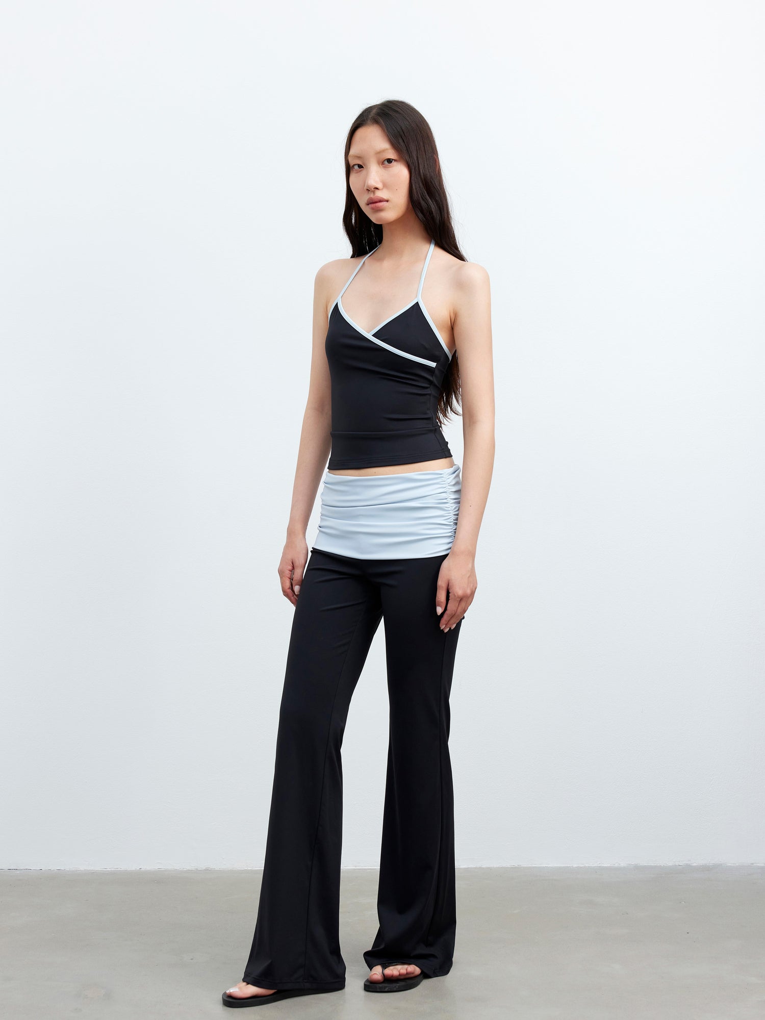 AFTADAWN Cool Feel V-neck Long Sleeve Mesh Top With Contrast Trim And Flared Trousers Set