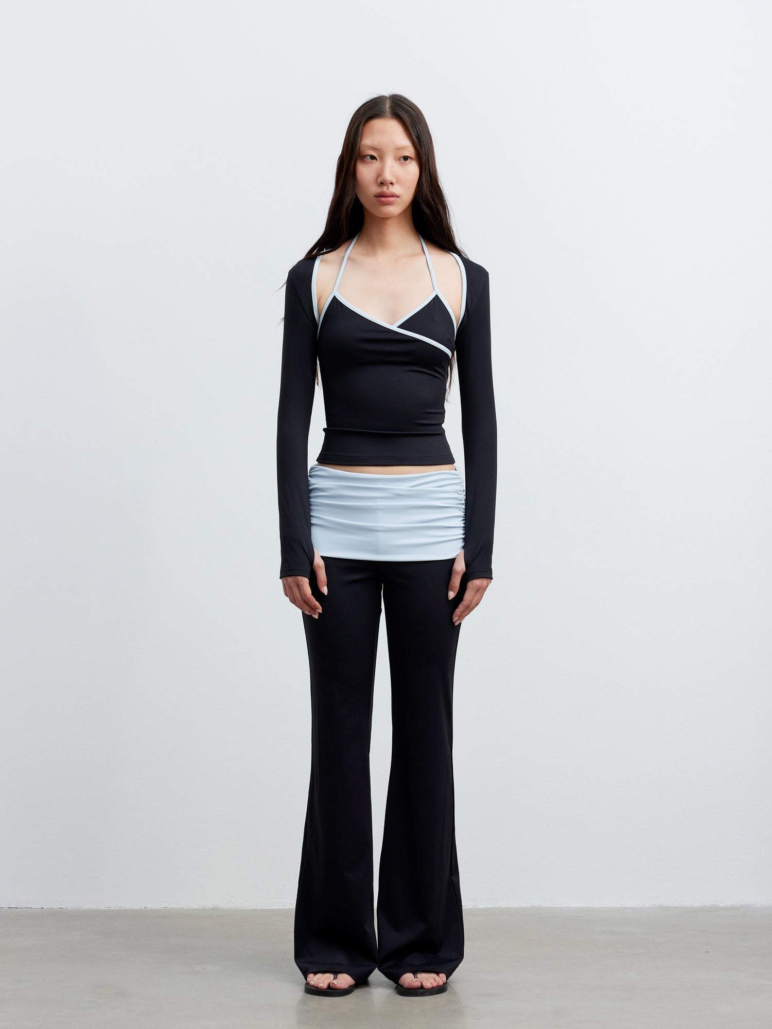 AFTADAWN Cool Feel V-neck Long Sleeve Mesh Top With Contrast Trim And Flared Trousers Set
