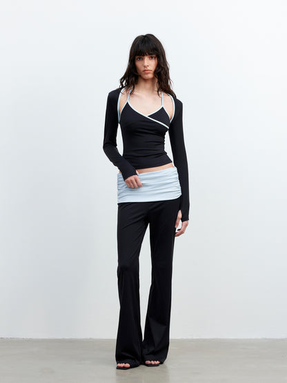 AFTADAWN Cool Feel V-neck Long Sleeve Mesh Top With Contrast Trim And Flared Trousers Set