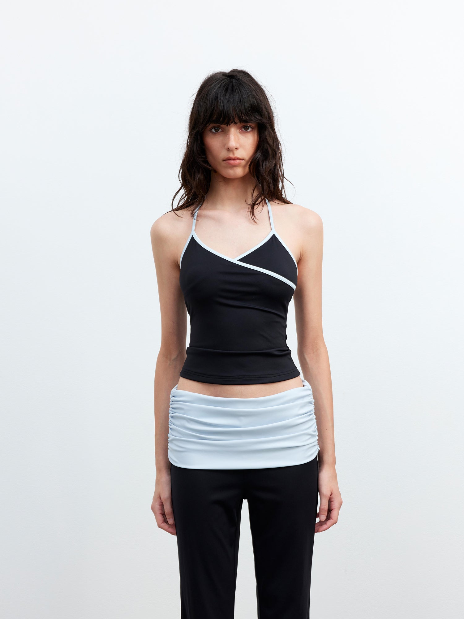 AFTADAWN Cool Feel V-neck Long Sleeve Mesh Top With Contrast Trim And Flared Trousers Set