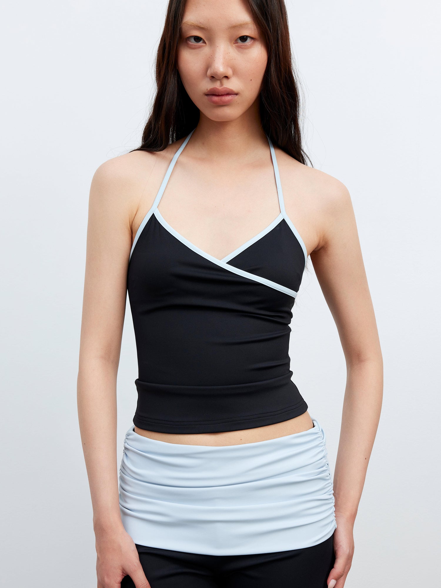AFTADAWN Cool Feel V-neck Long Sleeve Mesh Top With Contrast Trim And Flared Trousers Set