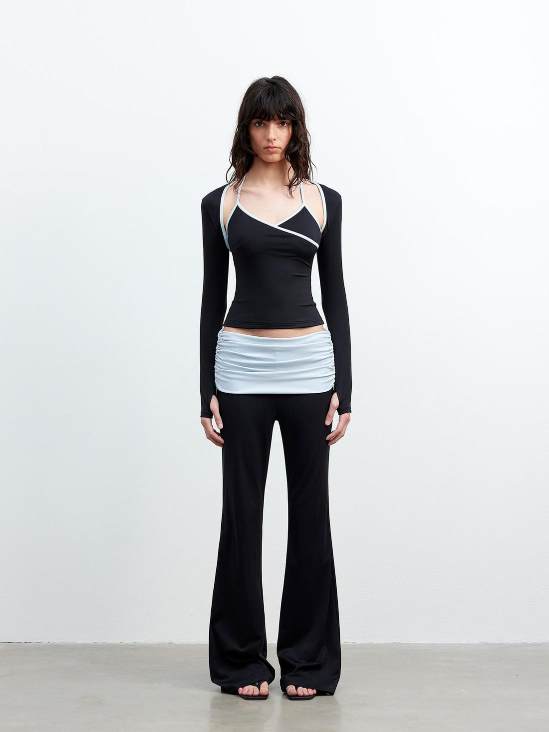 AFTADAWN Cool Feel V-neck Long Sleeve Mesh Top With Contrast Trim And Flared Trousers Set