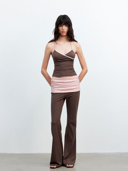AFTADAWN Cool Feel V-neck Long Sleeve Mesh Top With Contrast Trim And Flared Trousers Set