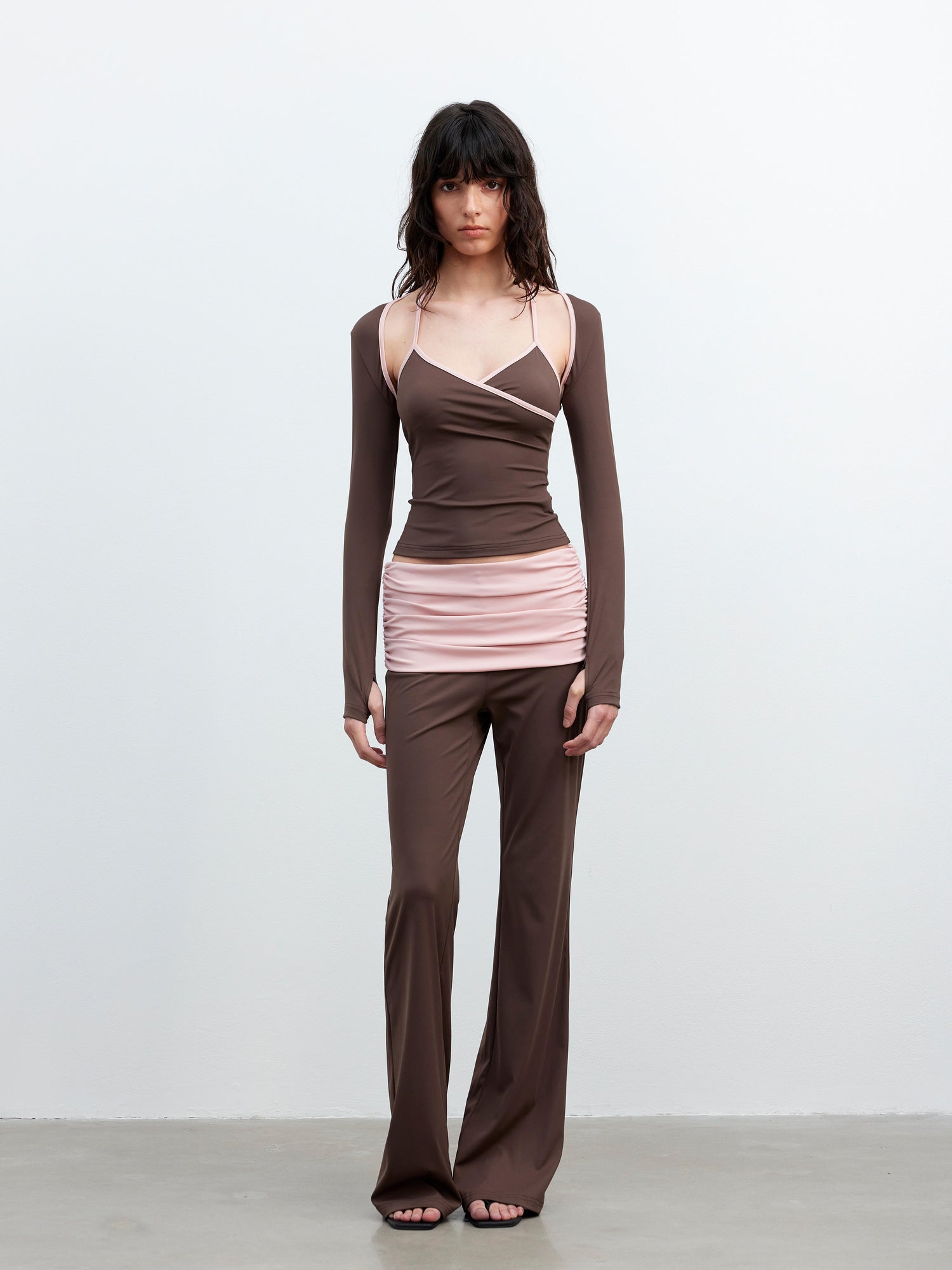 AFTADAWN Cool Feel V-neck Long Sleeve Mesh Top With Contrast Trim And Flared Trousers Set