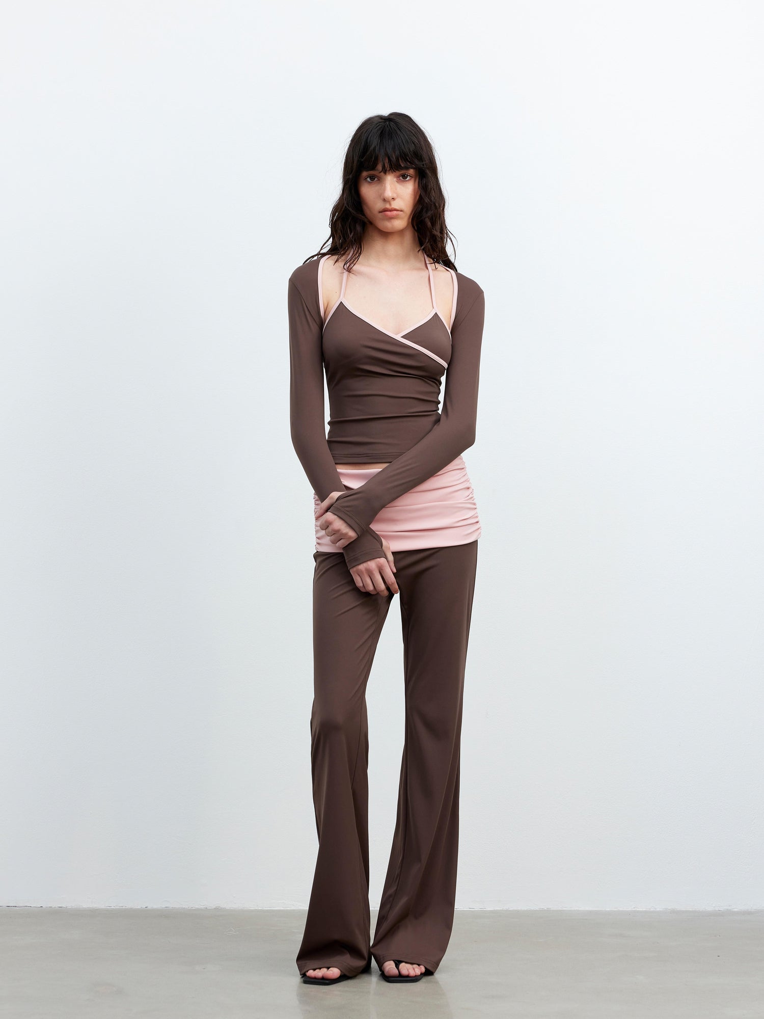 AFTADAWN Cool Feel V-neck Long Sleeve Mesh Top With Contrast Trim And Flared Trousers Set