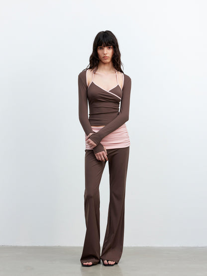 AFTADAWN Cool Feel V-neck Long Sleeve Mesh Top With Contrast Trim And Flared Trousers Set